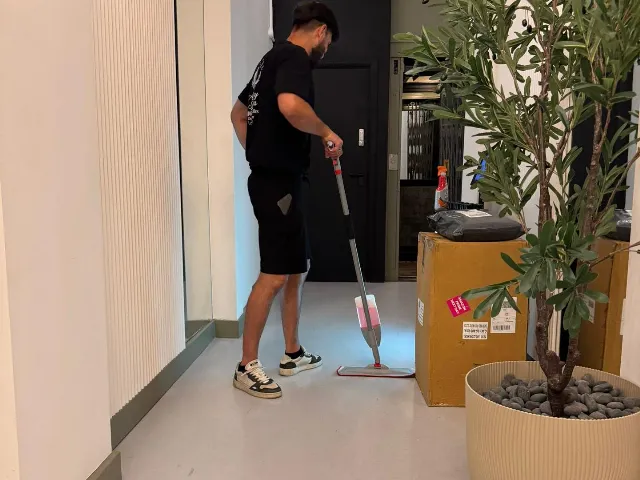 Floor cleaning in progress